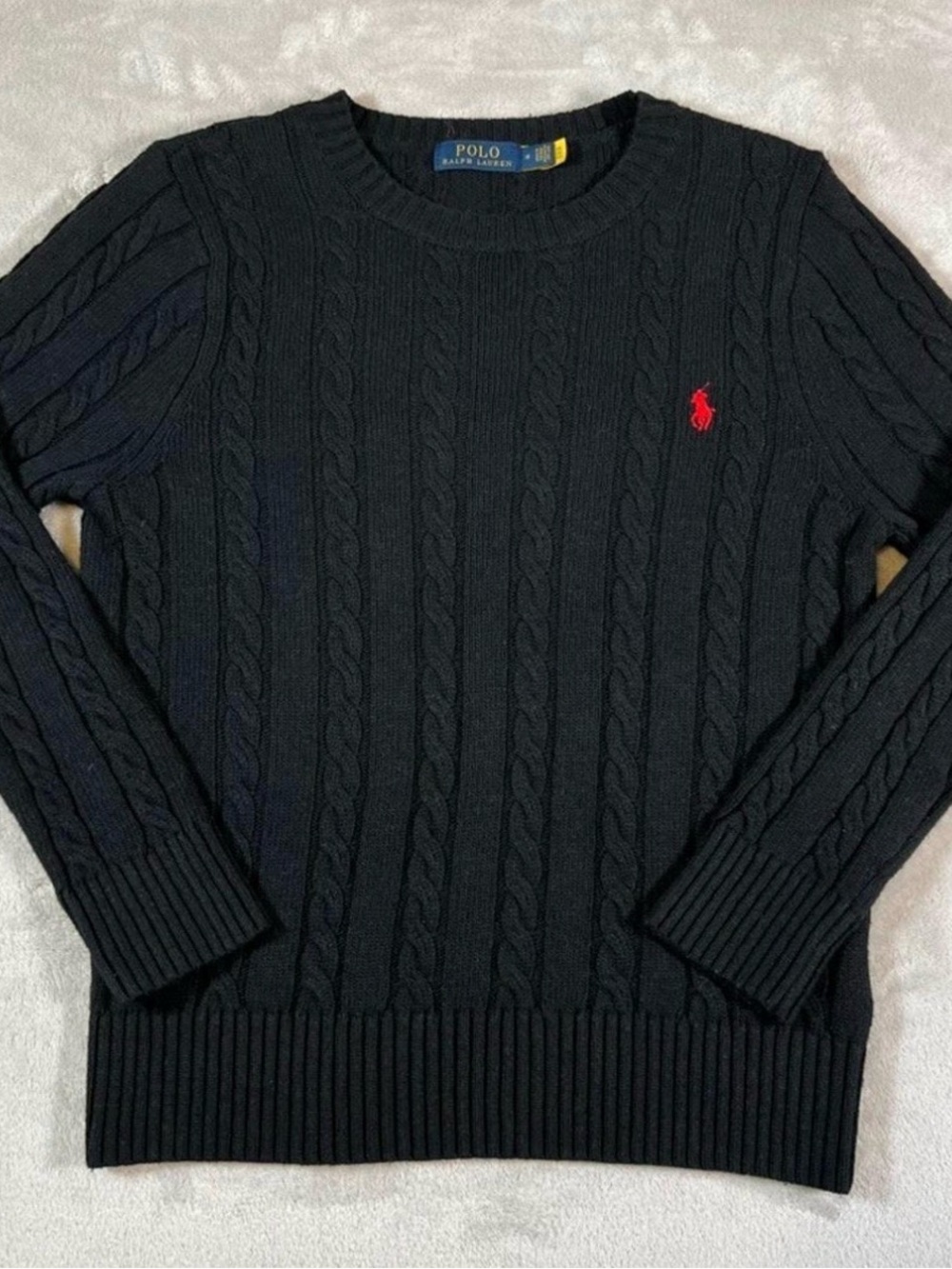 Ralph Lauren Navy Cable-Knit Crewneck Sweater with Red Pony